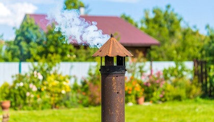 Rusty chimney with smoke rising above a garden setting.