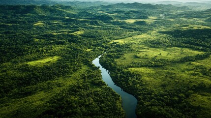 An aerial view of a winding river flowing through a verdant, green landscape, creating a scenic and beautiful natural environment.