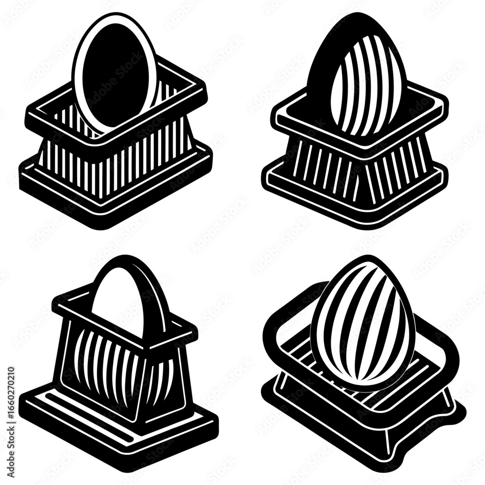 Poster four isometric egg slicers with eggs in different orientations and striped egg designs are displayed