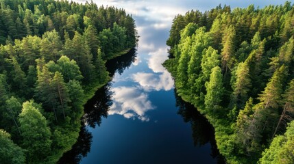 A stunning aerial view of a dense green forest with a winding river, creating a beautiful and peaceful natural landscape with reflections in the water.