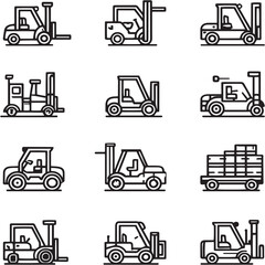 Forklift black Line Editable Icons set