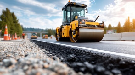 Construction workers operate a roller compactor to lay down asphalt on a highway, enhancing road infrastructure on a sunny day