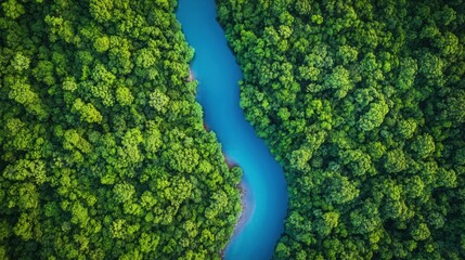 A breathtaking aerial view of a winding blue river flowing through a lush green forest, creating a vibrant and natural landscape.