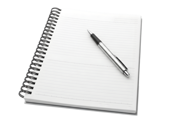 A pristine, spiral-bound notebook with clean, lined pages ready for notes, ideas, or study, accompanied by a sleek pen, symbolizing education, creativity, and new beginnings.