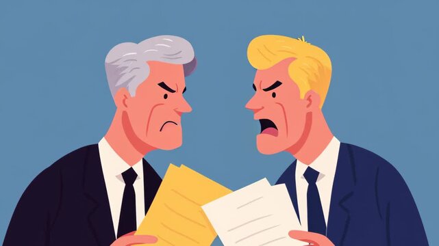 Cartoon Illustration of Two Businessmen Arguing while Holding Documents and Displaying Emotion
