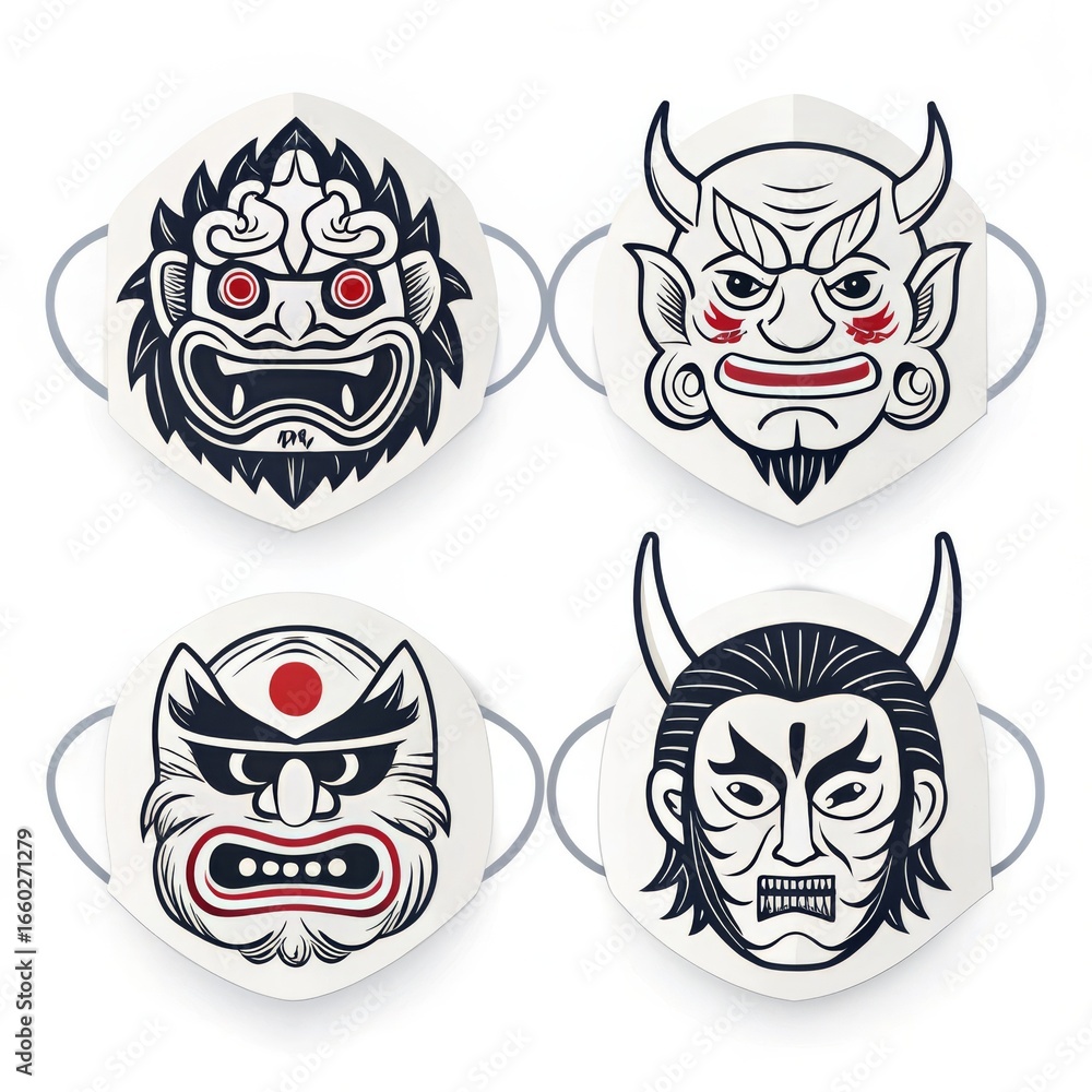 Poster four face masks with different demon designs in black and red on a white background displayed neatly