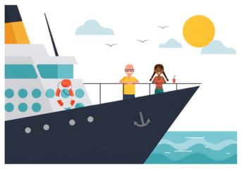 Man and woman with a boat on the sea illustration