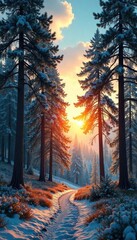 Majestic Fir Trees Reach for a Vibrant Sky Sunlight Dapples Tranquil Winter Forest