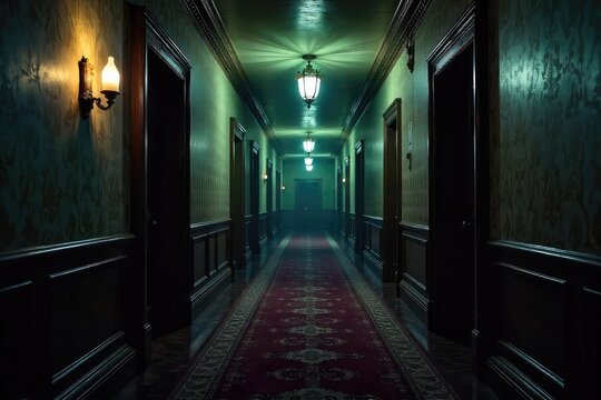 Mysterious, dimly lit hotel hallway with ornate details, hinting at a vintage, possibly haunted atmosphere A sense of unease and intrigue pervades the scene , hotel room, grand