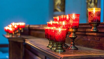 A series of warm, glowing red candles in ornate holders, positioned on a wooden altar, creating a peaceful and reflective ambiance.