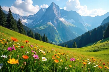 Fototapeta premium Majestic Mountain Meadow Sunrise Vibrant Wildflowers Bloom in Springs Golden Light