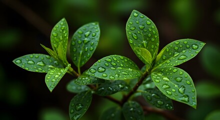Vibrant green leaves glistening with raindrops, perfect for nature, beauty, and wellness projects