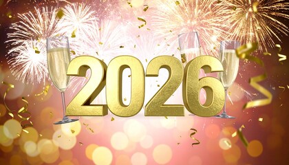 hiperrealista y festiva del texto “2026” en gran formato 3D, con un estilo elegante y brillante, como hecho de oro pulido y reflejante. Año nuevo