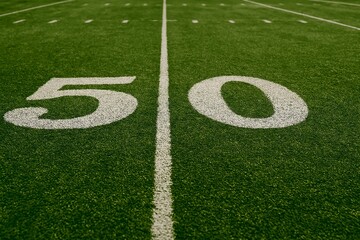Football field fifty yard line close up sports game turf background on transparent background