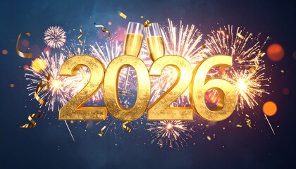hiperrealista y festiva del texto “2026” en gran formato 3D, con un estilo elegante y brillante, como hecho de oro pulido y reflejante. Año nuevo