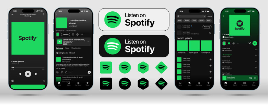 Spotify music player mockup with logo, music promotion, artist branding, podcast UI preview, and modern vector layout template for digital app interface