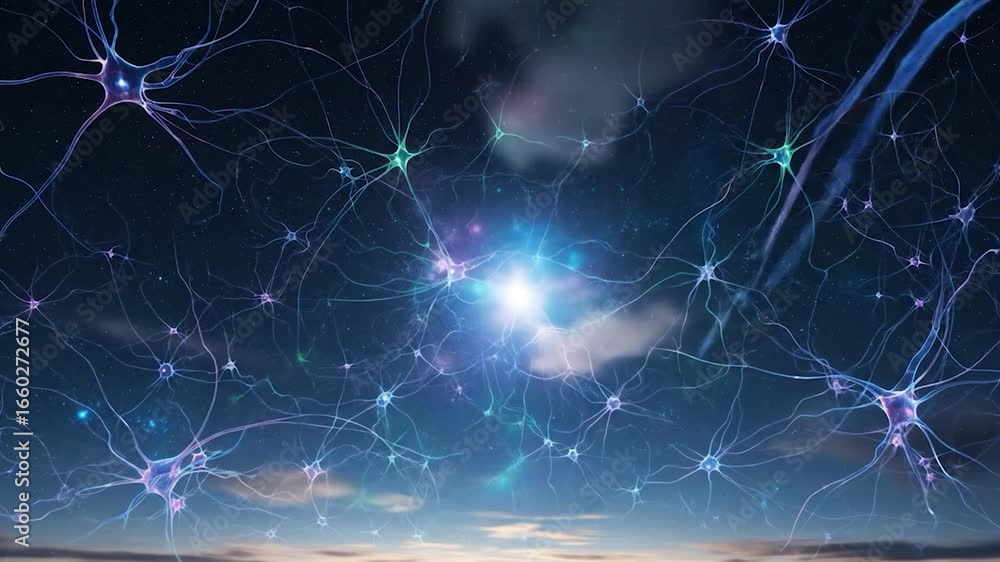 Poster neural network connection: brain cells and synapses in digital space