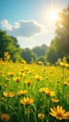 Golden Wildflowers Swaying in a Summer Breeze A Tranquil Meadow Scene, Perfect for Idyllic Backgrounds and Peaceful Imagery