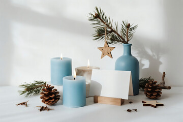 star blue bottle paper notebook wood winter snowflake pinecone candle pine tree decoration frame photos greeting cards mockup photo E-commerce marketing poster Background shooting scene