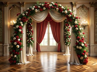 Elegant wedding arch decorated with red and white roses in a luxurious interior