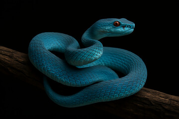Fototapeta premium A stunning blue insularis white-lipped pit viper with vibrant scales and an intense stare, coiled gracefully on a dark tree branch, perfect for wildlife photography