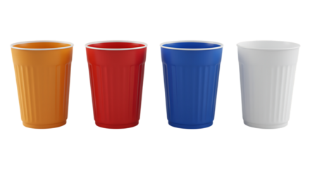 Ribbed Plastic Cups in Orange, Red, Blue, and White, Isolated on transparent background