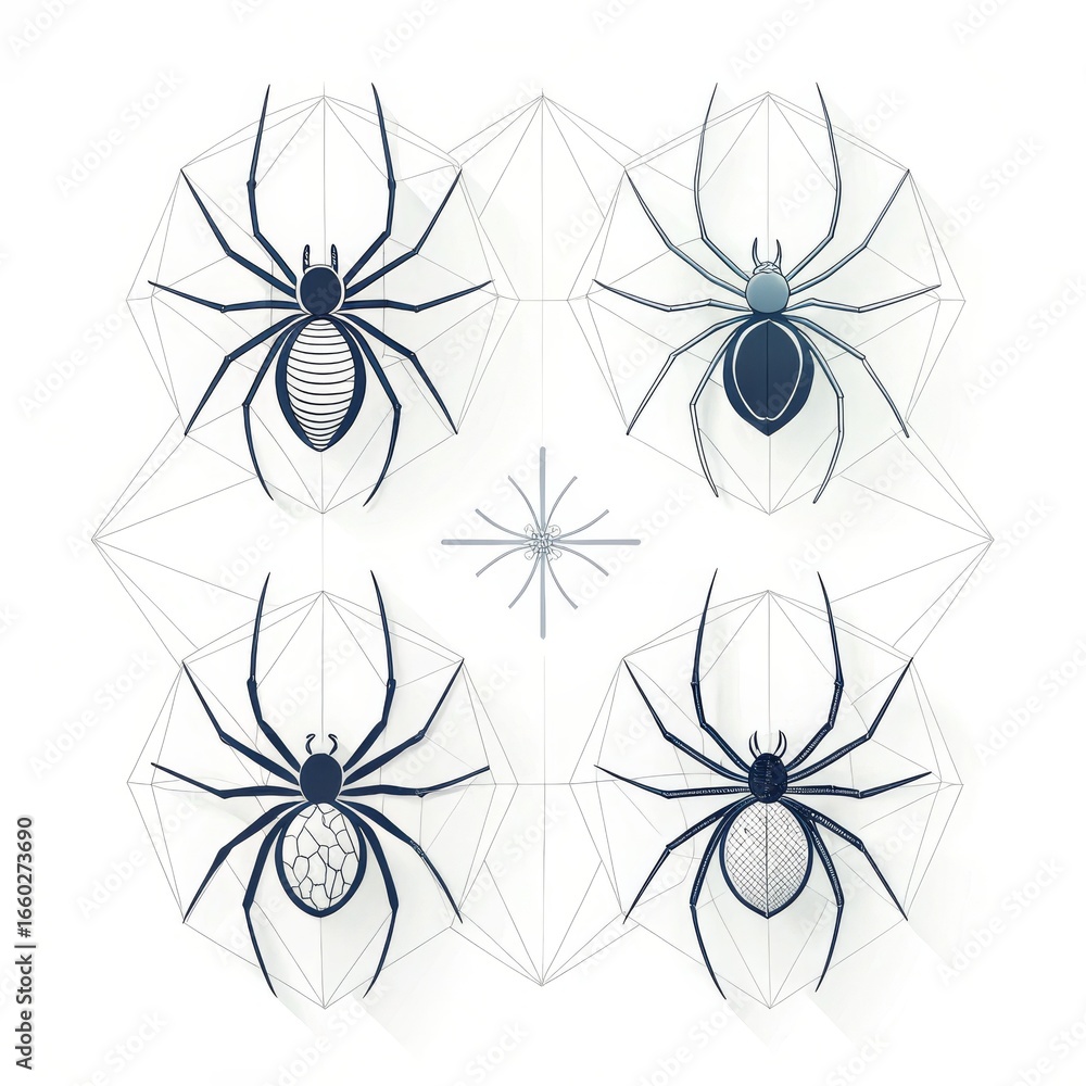 Poster four spiders with geometric patterns on a white background with a central spider design element