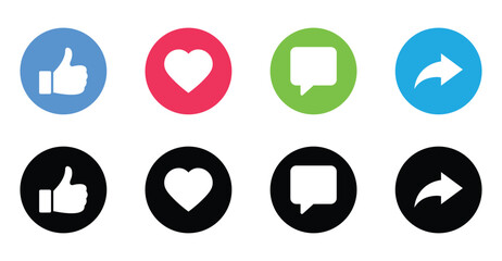 Vector illustration of colorful like, love, comment, and share social media icons. Set of social media symbols in color and black and white.