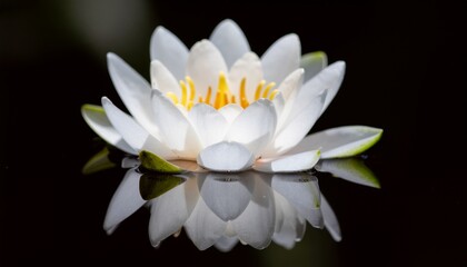Close up of a white water lily flower with yellow stamens reflected on the dark water surface creating a symmetrical and