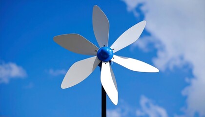 A decorative wind turbine with white blades against a vibrant blue sky with scattered clouds.