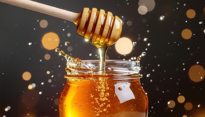 Golden honey dripping from a wooden dipper into a glass jar creating a splash against a dark background with bokeh lights