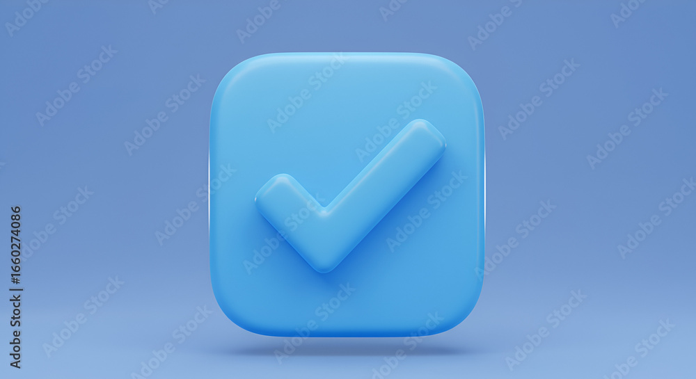 Poster 3d blue check mark icon on a square button background, signifying correctness