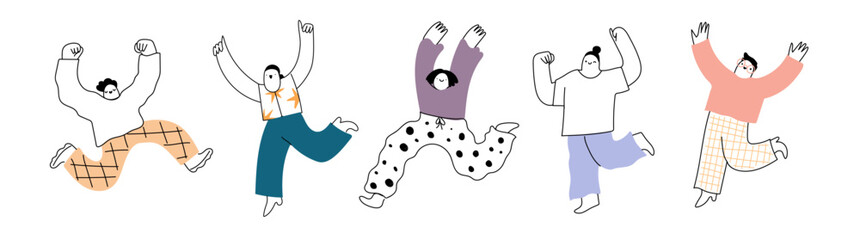 Quirky abstract people in hand drawn line art style. Set of modern man, woman expressing positive emotions, happiness. Cute vector illustration