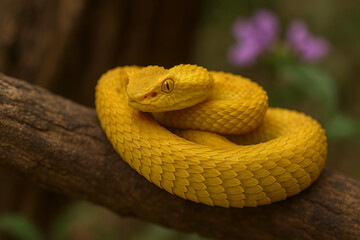 Obraz premium An exquisite yellow eyelash viper coiled calmly on a tree branch, its distinctive head scales and captivating eyes visible in a soft, natural, and beautiful setting