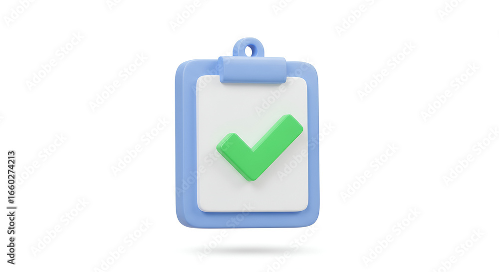 Poster 3d clipboard with check mark icon: symbol of confirmation and task completion