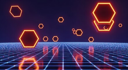Abstract digital network of glowing orange hexagons on a blue grid background, representing futuristic technology