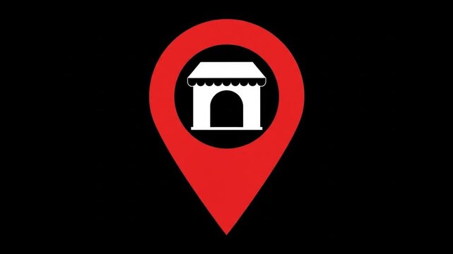 A stylized map marker featuring a monument on a black background.