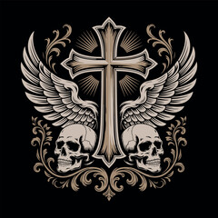 Naklejka premium Two Skulls Winged Cross Ornate Black Background wings