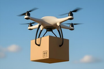 Delivery drone carrying package in clear sky
