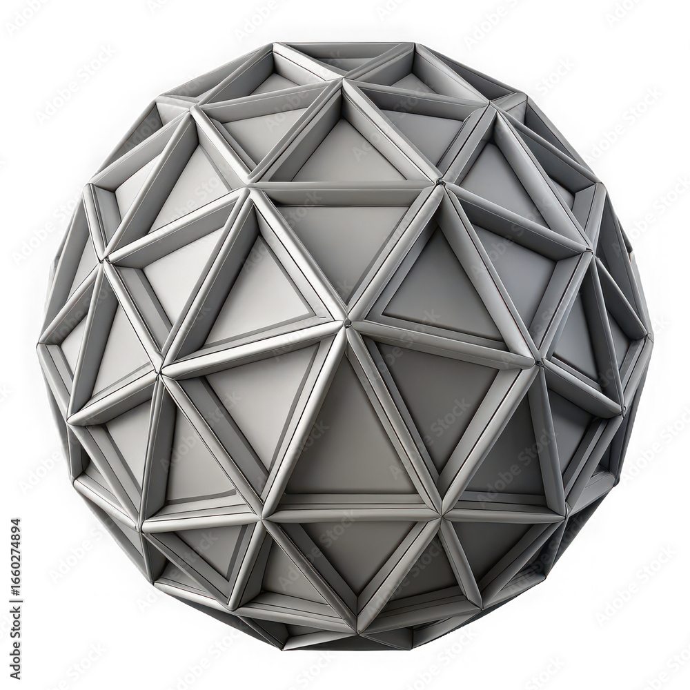 Poster intricate geometric geodesic sphere structure with triangular facets and metallic framework isolated