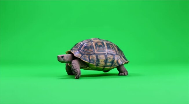 Turtle walking slowly across green background, studio shot for easy keying and compositing