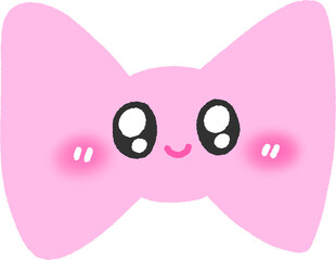 Pink bow ribbon face — sweet hand-drawn character with smile and blush, pastel cartoon sticker, isolated PNG