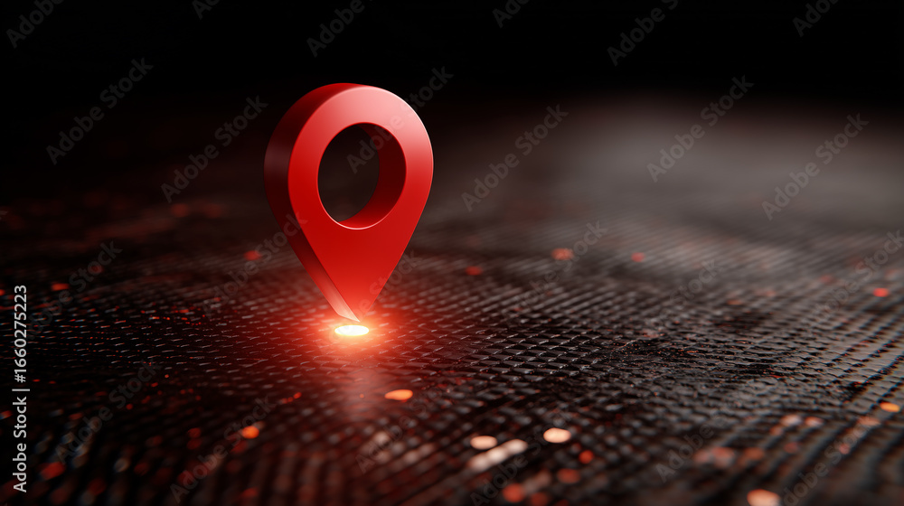 Poster 3d rendering of a red location pin marker on a shimmering dark surface with a bright light source cr