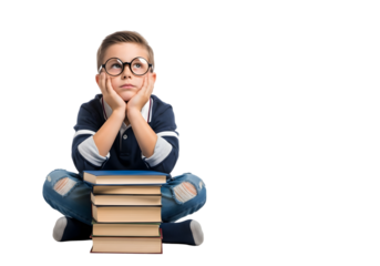A young boy with classic glasses sits beside a stack of books, his mind whisked away in a moment of deep contemplation and imaginative thought, pondering future possibilities and lessons learned.