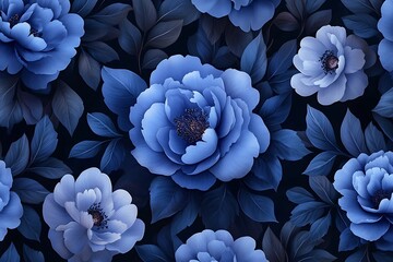 Elegant Blue Floral Pattern Botanical Design Dark Background