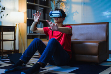 Teen engaging virtual reality, wearing headset and immersing into digital world from comfortable...