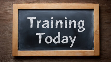 Obraz premium Training Today in Bold White Letters on Wooden Frame Chalkboard Surface for Learning and Educational Context