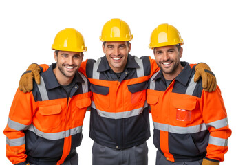 Three cheerful and diverse male construction workers in bright safety gear, proudly standing together, symbolizing teamwork, dedication, and professional success in the industry.
