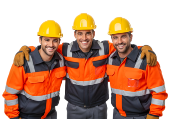 Three cheerful and diverse male construction workers in bright safety gear, proudly standing together, symbolizing teamwork, dedication, and professional success in the industry.
