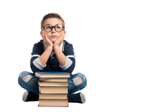 A young boy with classic glasses sits beside a stack of books, his mind whisked away in a moment of deep contemplation and imaginative thought, pondering future possibilities and lessons learned.